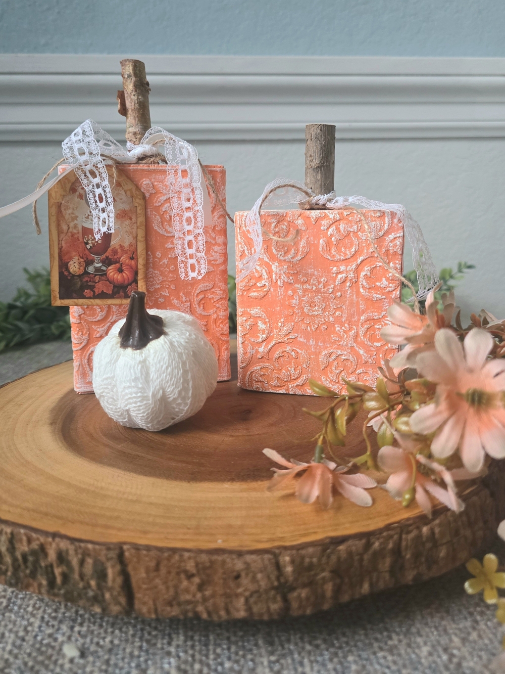 Orange Textured Wood Block Pumpkins -Decorative Autumn Accents | Handmade